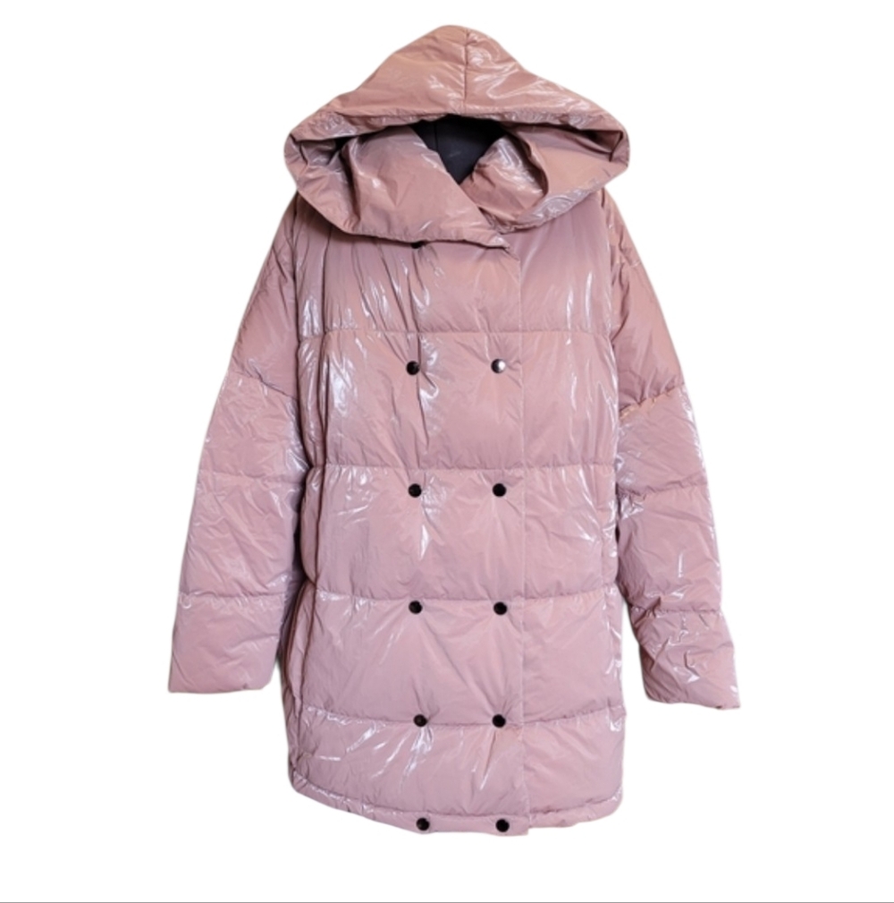 NWT Oversized Zara Glossy Rubberized Hooded Double-Breasted Puffer Coat